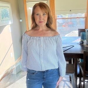 Michael Kors Black and White Striped Off-Shoulder Top